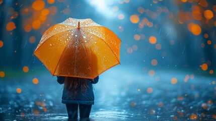 Transparent umbrella shielding a figure from the rain, set against a backdrop of water droplets splashing on the ground