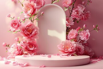 Blooming Elegance, Pastel Pink Floral Podium Showcasing Springs Beauty