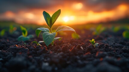 Close up view of seedlings sprouting in the gentle glow of the rural dawn symbolize growth and vitality. - obrazy, fototapety, plakaty