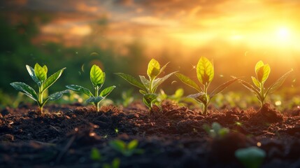 Close up view of seedlings sprouting in the gentle glow of the rural dawn symbolize growth and...
