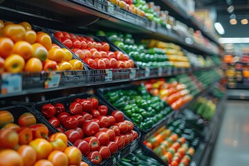 Vivid Display of Fresh Vegetables on Supermarket Shelves at Twilight - obrazy, fototapety, plakaty