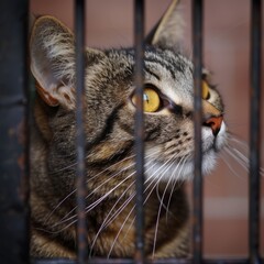 A cat behind bars in a shelter looks out onto the street, illuminated by sunlight and waits for its new owners.
