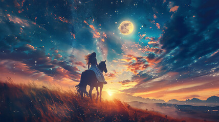 Beautiful woman on horseback under a fantastic sky. There is a bright moon and stars in the sky. Generative AI