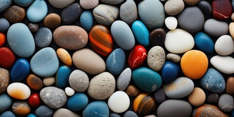 Fototapeta na wymiar Flat smooth river pebble stones texture, Rock wall, Colorful stone background