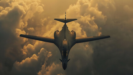 Fighter bomber B-1B flying above the clouds. Generative AI