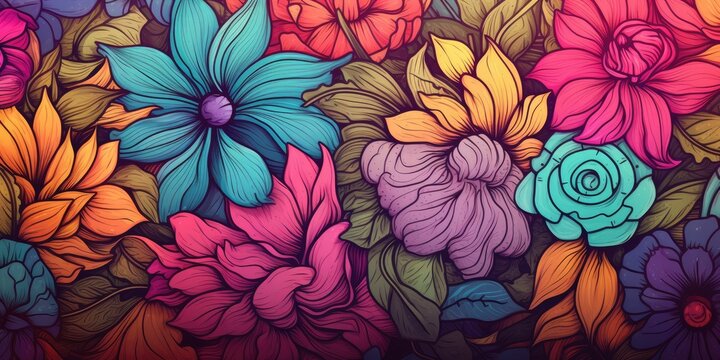 Flower power hippie multicoloured daisy psychedelic background 
