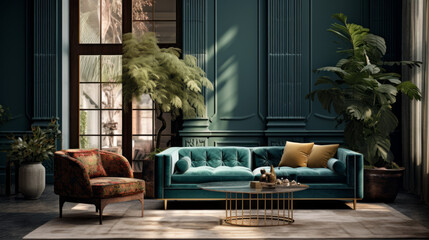 A modern living room with a green armchair and a blue velvet sofa