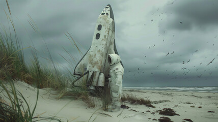 An astronaut stranded on a deserted beach, with a gray sky overhead and an abandoned space shuttle nestled on the shore. Generative AI - obrazy, fototapety, plakaty