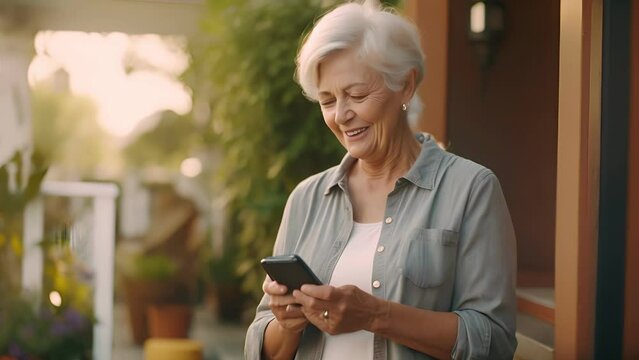 senior female holding smartphone using mobile phone app. Technology, communication, happy adult woman with smartphone at home, recreation, communication, sociality, hobbie
