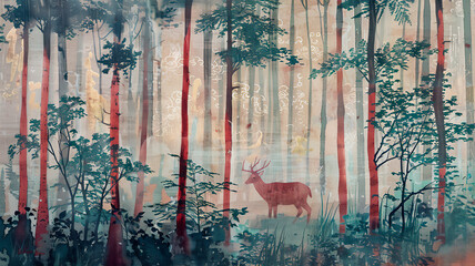 deer admiring the beauty of nature, tall trees with slender red trunks and lush green foliage. Generative AI