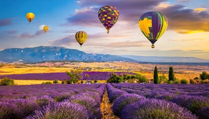 Fototapeta premium lavender field landscape in the background; purple colors, soft selective focus Hot air balloon