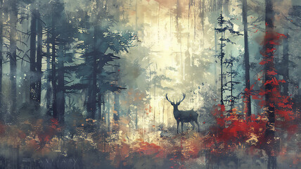 deer admiring the beauty of nature, tall trees with slender red trunks and lush green foliage. Generative AI