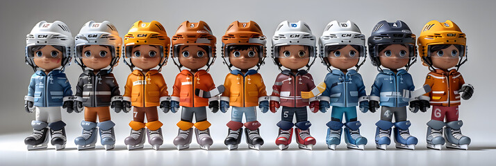 A 3D animated cartoon render of a group of diverse hockey kids standing together.
