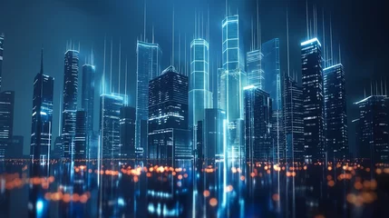 Photo sur Plexiglas Skyline A futuristic city skyline with holographic projections.
