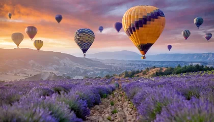 Crédence de cuisine en verre imprimé Couleur saumon  lavender field landscape in the background  purple colors, soft selective focus Hot air balloon