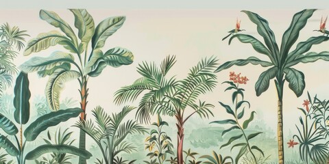 wallpaper jungle and leaves tropical forest, old drawing vintage - obrazy, fototapety, plakaty