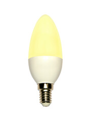 Candle energy saving glowing LED bulb with E14 screw thread on white isolated background
