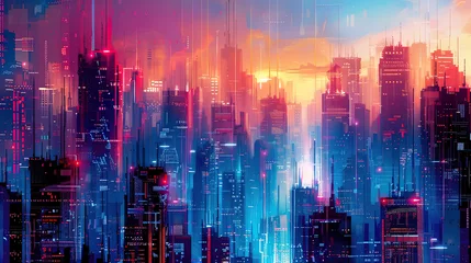Foto op Plexiglas abstract anime skyscraper buildings ny street wallpaper, background illustration lofi vibes, futuristic neon lights © Ainima Art