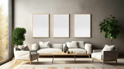 Large living room loft, bright, sunny interior. Big mockup canvas over sofa  - Powered by Adobe