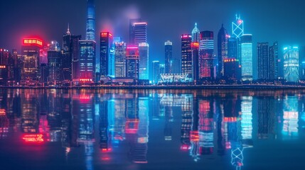 A futuristic cityscape with dazzling lights and reflections.