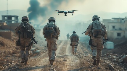 Soldiers walk through a destroyed city with a drone flying ahead. War with new technologies, misfortune and suffering