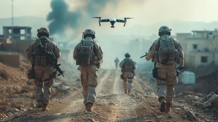 Fototapete Vereinigte Staaten Soldiers walk through a destroyed city with a drone flying ahead. War with new technologies, misfortune and suffering