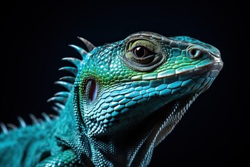 Fototapeta premium Blue iguana on black background. Close up. Studio shot.