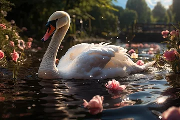 Fotobehang Stunning swan in water tricks!, generative IA © JONATAS