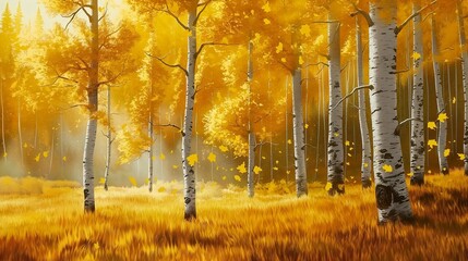 A gentle breeze rustling through a grove of aspen trees, causing their golden leaves to shimmer and dance in the autumn air.