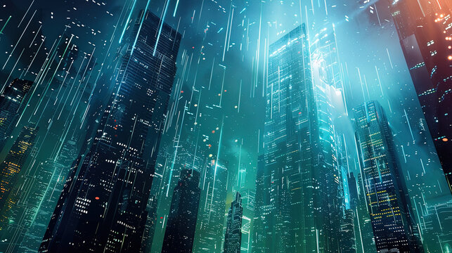 abstract anime skyscraper buildings ny street wallpaper, background illustration lofi vibes, futuristic neon lights
