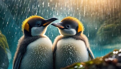 King Penguin (Aptenodytes patagonicus) Chicks in Creche in the rain. 