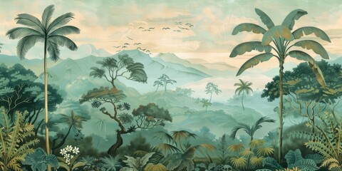 Fototapeta na wymiar wallpaper jungle and leaves tropical forest, old drawing vintage