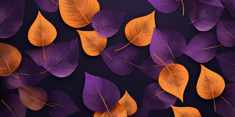pattern of dry orange metallic leaves on violet  - obrazy, fototapety, plakaty