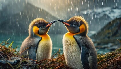 King Penguin (Aptenodytes patagonicus) Chicks in Creche in the rain.  - obrazy, fototapety, plakaty