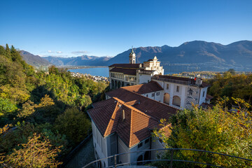 The village of Locarno on the Lago Maggiore, Kanton Ticino, Church Madonna del Sasso, Orselina, Switzerland. Site of Roman Catholic pilgrimage founded after a vision of the Virgin Mary appeared 1480