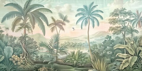 wallpaper jungle and leaves tropical forest, old drawing vintage