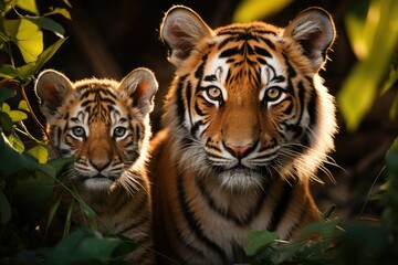 Fototapeta premium Tigress breastfeeding her young., generative IA