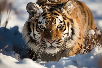 Fototapeta na wymiar Siberian tiger silently sliding in the snow., generative IA