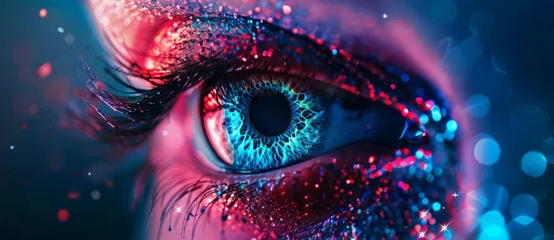 Foto op Aluminium A detailed view of a persons eye showing a striking combination of blue and pink colors. The intricate details of the iris and surrounding area are highlighted. © pham