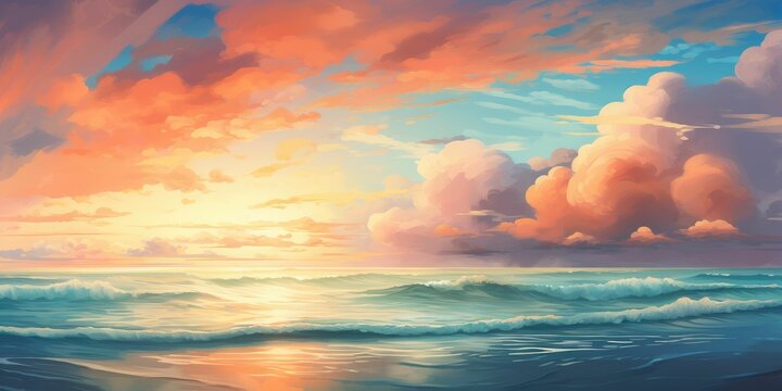 Sea sand sky concept, sunset colors clouds, horizon, horizontal background 