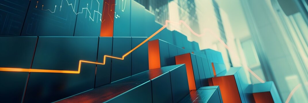 3D Graph on Blue Steps with Orange Line - Stunning 3D illustration of a business graph rising up stairs with glowing orange trend line against a blue tech background