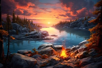 a fire in the rocks by a river - obrazy, fototapety, plakaty