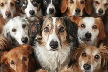 Assorted dogs looking directly at the camera - A close-up of various adorable dogs looking at the camera with a mix of expressions and breeds