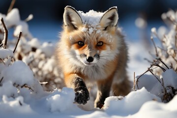 Fototapeta premium Fox hunting rodents in the snow with a fuzzy tail., generative IA
