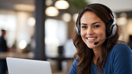 A smiling female call center operator ready to assist  - obrazy, fototapety, plakaty