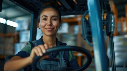Content female forklift operator at warehouse - A happy woman is driving a forklift in a warehouse exemplifying skill and workplace satisfaction