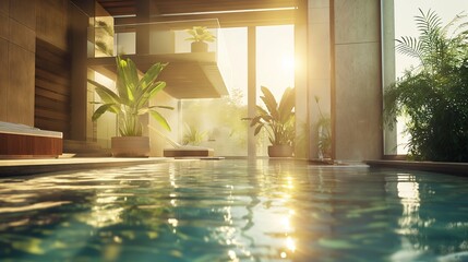 A glimpse of paradise in a detailed shot of a sunlit pool surrounded by modern architecture, exemplifying the epitome of leisure and opulence