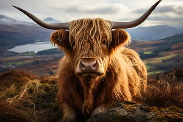 Crédence de cuisine en verre imprimé Highlander écossais Highland cow grazing in the Scottish hills., generative IA