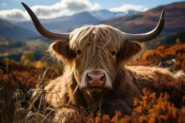 Crédence de cuisine en verre imprimé Highlander écossais Highland cow grazing in the Scottish hills., generative IA