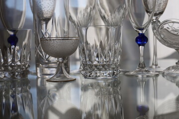 closeup shiny and reflective precious crystal glassware collection